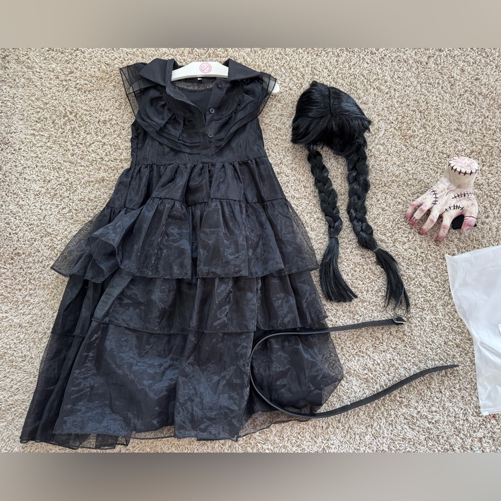 Wednesday Addams Kids Black Costume with Braided Wig & Thing